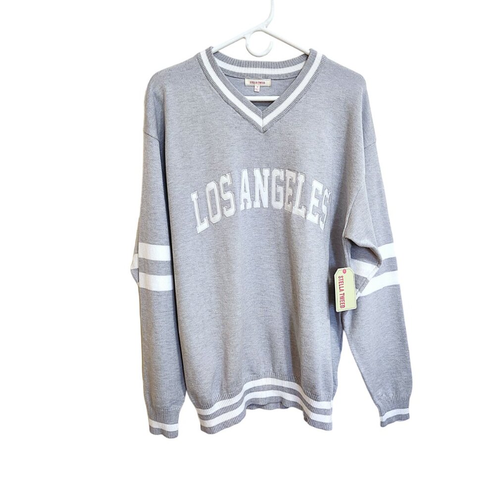 Stella Tweed Varsity Striped V-Neck Los Angeles Sweater Gray & White Size M